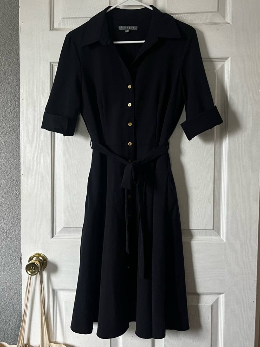 Sharagano Navy Button-Front Midi Dress with Tie Waist